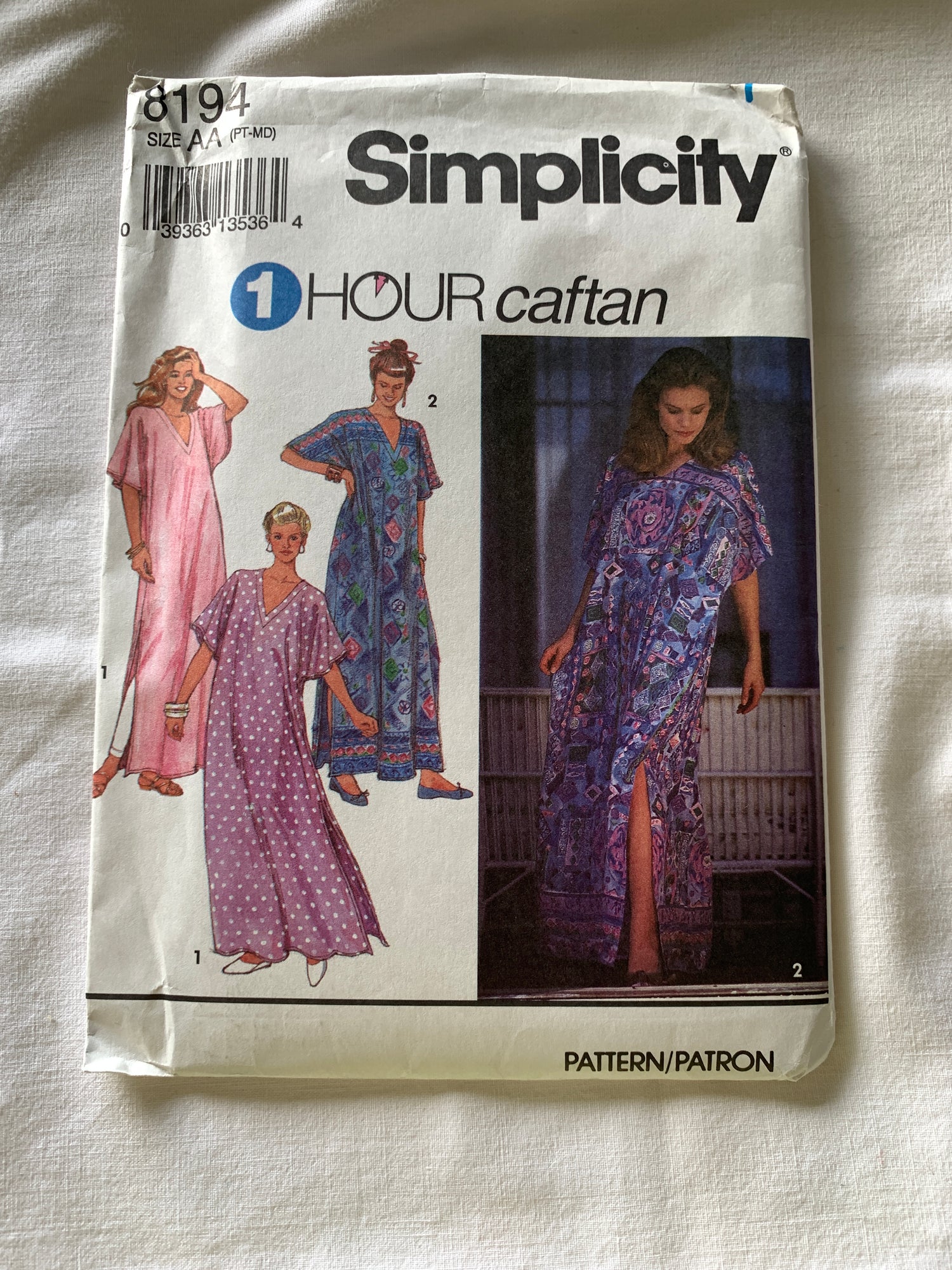 Simplicity Sewing Pattern 8194 Misses' Caftans, Loose-Fitting, Pullover, Pockets, Size 6-16 Uncut, Vintage 1992
