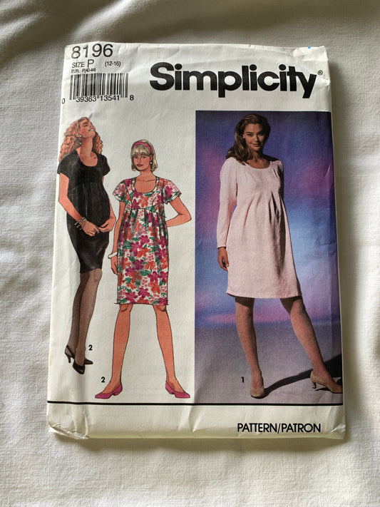 Simplicity Sewing Pattern 8196 Misses' Maternity Dress, Long/Short Sleeves, Zipper Bag, Size 12-16, Uncut, Vintage 1992