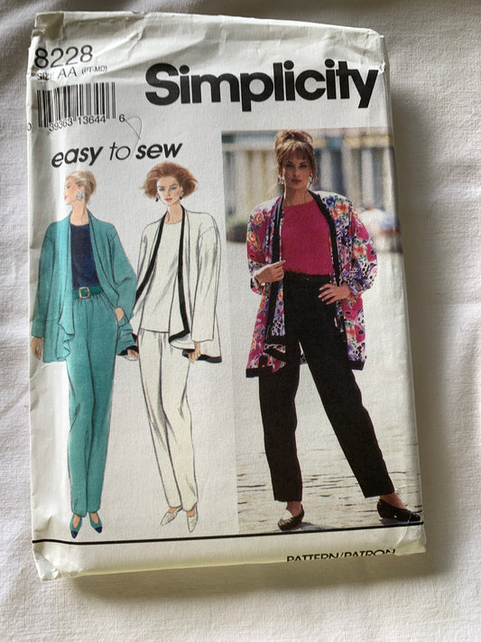 Simplicity Sewing Pattern 8228 Misses' Pants, Top, Unlined Jacket, Long/Short Sleeves, Loose-Fitting, Pockets, Size 6-16, Uncut, Vintage 1992