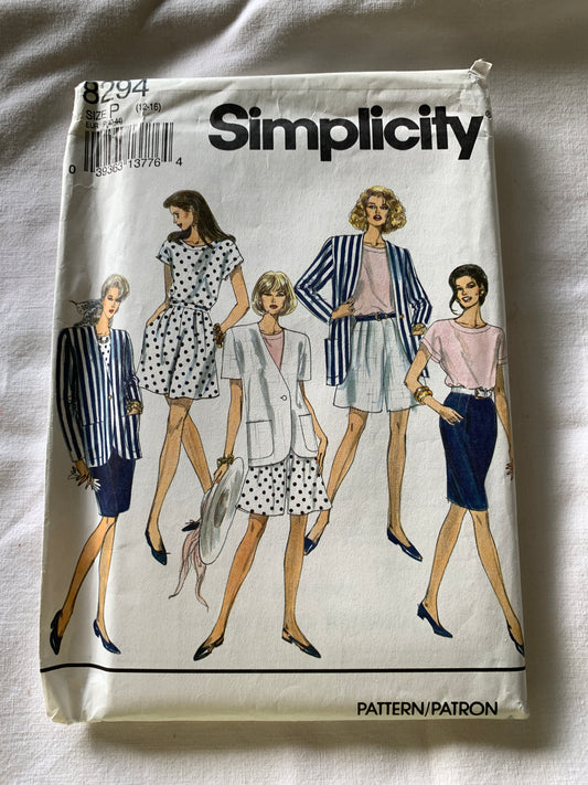 Simplicity Sewing Pattern 8294 Misses' Unlined Jacket, Skirt, Top, Shorts, Zipper Back, Pockets, Size 12-16, Uncut, Vintage 1993
