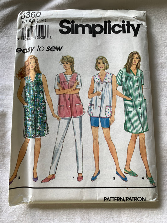 Simplicity Sewing Pattern 8360 Misses' Smocks, Short Sleeves, Button Front, Pockets, Size 6-16, Uncut, Vintage 1993