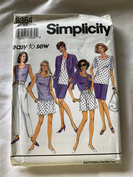 Simplicity Sewing Pattern 8364 Misses' Unlined Jacket, Skirt, Pants, Shorts, Top, Long/Short Sleeves, Stretch Knit, Size 6-16, Uncut, Vintage 1993