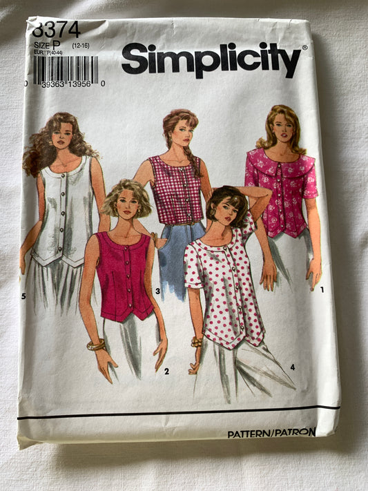 Simplicity Sewing Pattern 8374 Misses' Tops, Button Front, Short Sleeves, 5 Variations, Size 12-16, Uncut, Vintage 1993