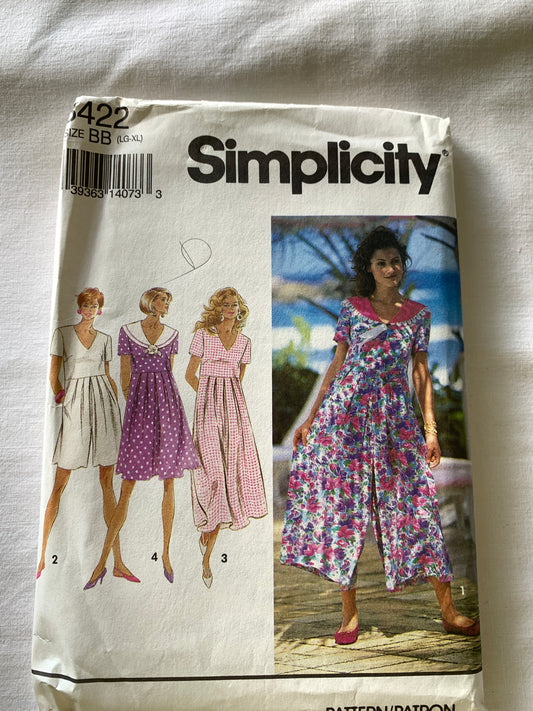 Simplicity Sewing Pattern 8422 Misses' Jumpsuit, Dress, Two Lengths, Zipper Back, Pockets, Short Sleeves, Sizes 18-24, Uncut, Vintage 1993
