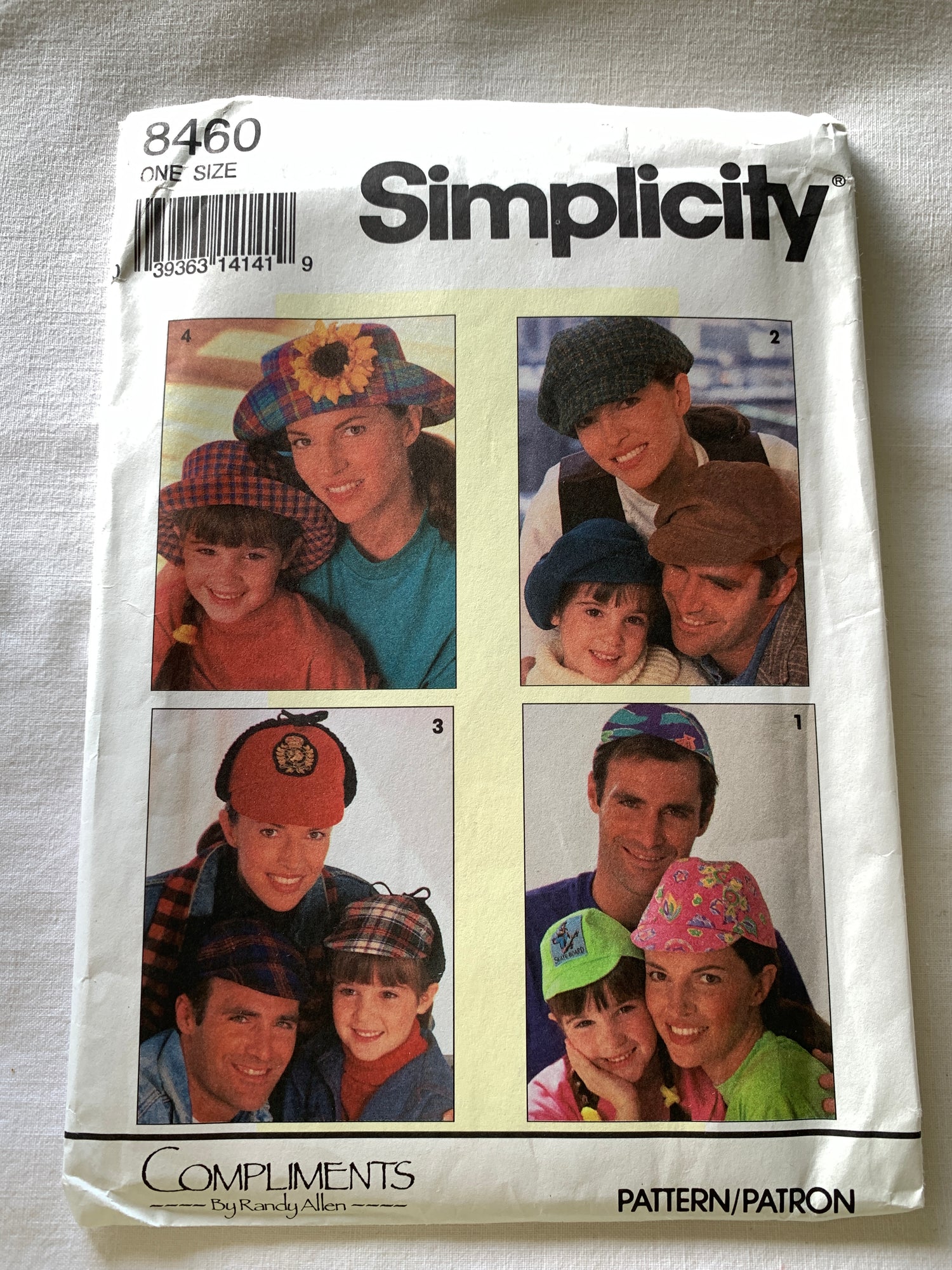 Simplicity Sewing Pattern 8460 Hats, Adults/Children 4 Variations, Bicycle, Newsboy, Hunter, Fisher, One Size, Uncut, Vintage 1993