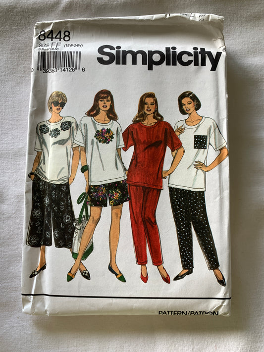 Simplicity Sewing Pattern 8448 Misses' Split Skirt, Two Lengths, Pants, Top, Short Sleeves, Size 18W-24W, Uncut, Vintage 1993 