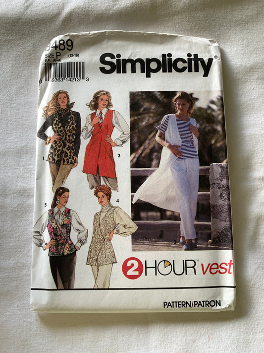Simplicity Sewing Pattern 8489 Misses' Unlined, Vest, Button Front, Sleeveless, 5 Variations, Size 12-16, Uncut, Vintage 1993