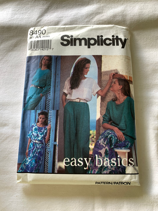 Simplicity Sewing Pattern 8490 Misses' Top, Pull-On Pants, Skirt, Pullover, Long/Short Sleeves, Pockets, Size 6-16, Uncut, Vintage 1993