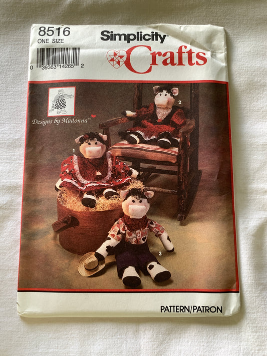 Simplicity Sewing Pattern 8516 Crafts, Stuffed 17 1/2" Cow, Clothes, Dress, Shirt, Petticoat,  Uncut, Vintage 1993