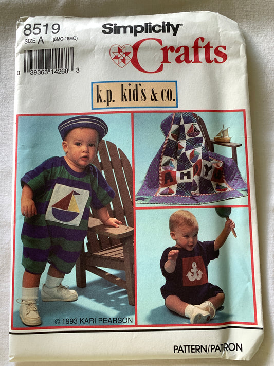 Simplicity Sewing Pattern 8519 Baby Clothes, Knit Romper, Hat, Quilt, Size 6-18mts, Uncut, Vintage 1993