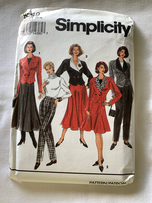 Simplicity Sewing Pattern 8549 Misses' Lined Jacket, Skirt, Pants, Side Zipper, Button Front, Double-Breasted, Size 12-16, Uncut, Vintage 1990