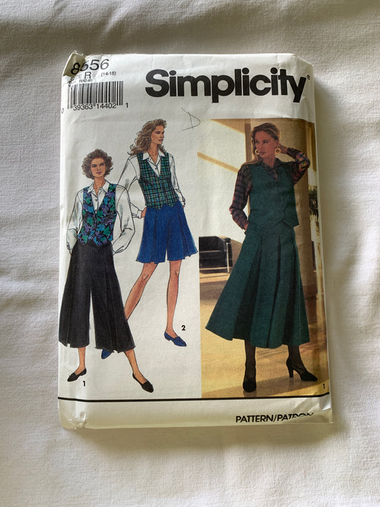 Simplicity Sewing Pattern 8556 Misses' Split Skirt, Two Lengths, Shirt, Lined Vest, Pockets, Size 14-16, Uncut, Vintage 1993