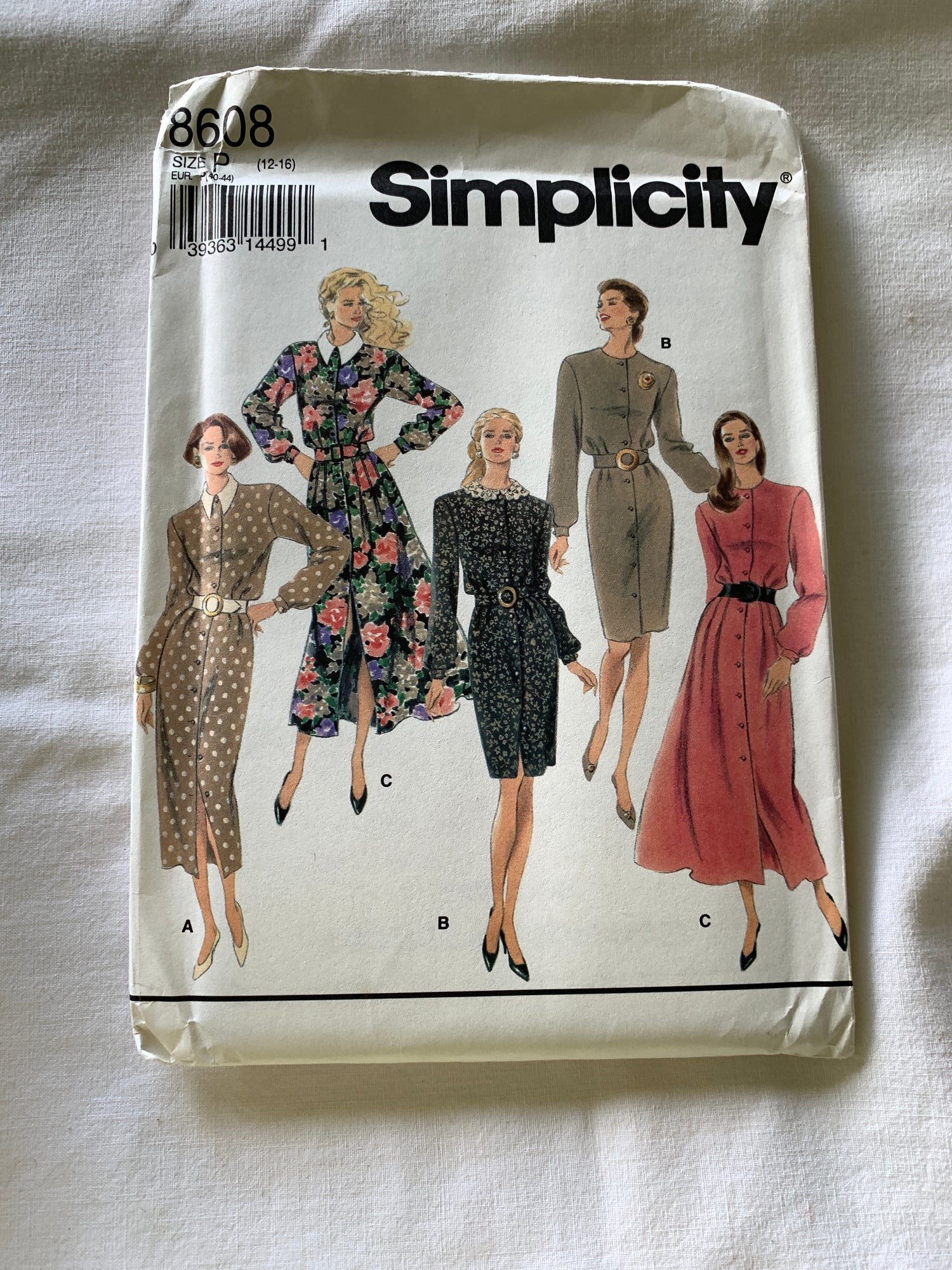 Simplicity Sewing Pattern 8608 Misses'/Miss Petite Dress, Two Lengths, Long Sleeves, Button Front, Belt, Size 12-16, Uncut, Vintage 1993