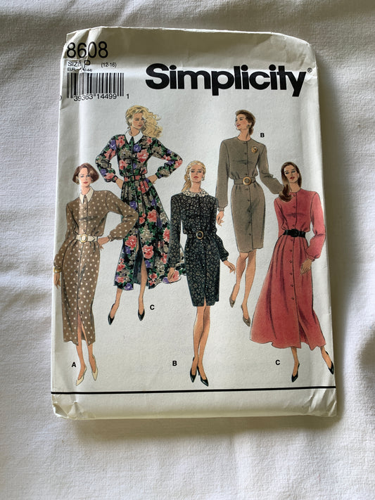Simplicity Sewing Pattern 8608 Misses'/Miss Petite Dress, Two Lengths, Long Sleeves, Button Front, Belt, Size 12-16, Uncut, Vintage 1993