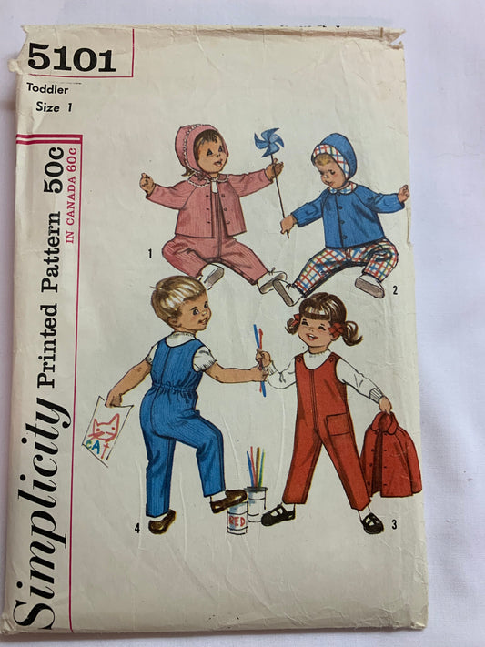 Simplicity Sewing Pattern 5101 Toddlers' Overall, Jacket, Hat, Zipper Front, Snap Crotch, Boys, Girls, Lined, Size 1, Cut, Vintage 1965