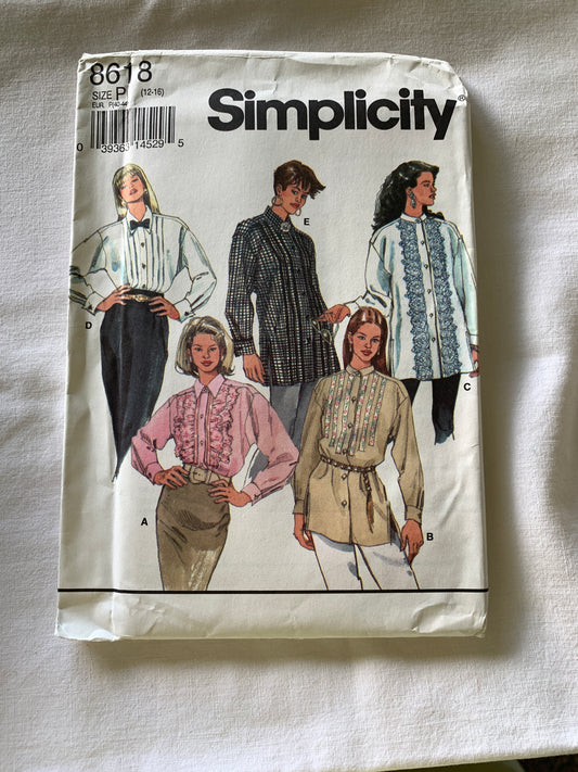 Simplicity Sewing Pattern 8618 Misses' Shirt, Button Front, Long Sleeves, Trim Variations, Bos Ties, Size 12-16, Uncut, Vintage 1993