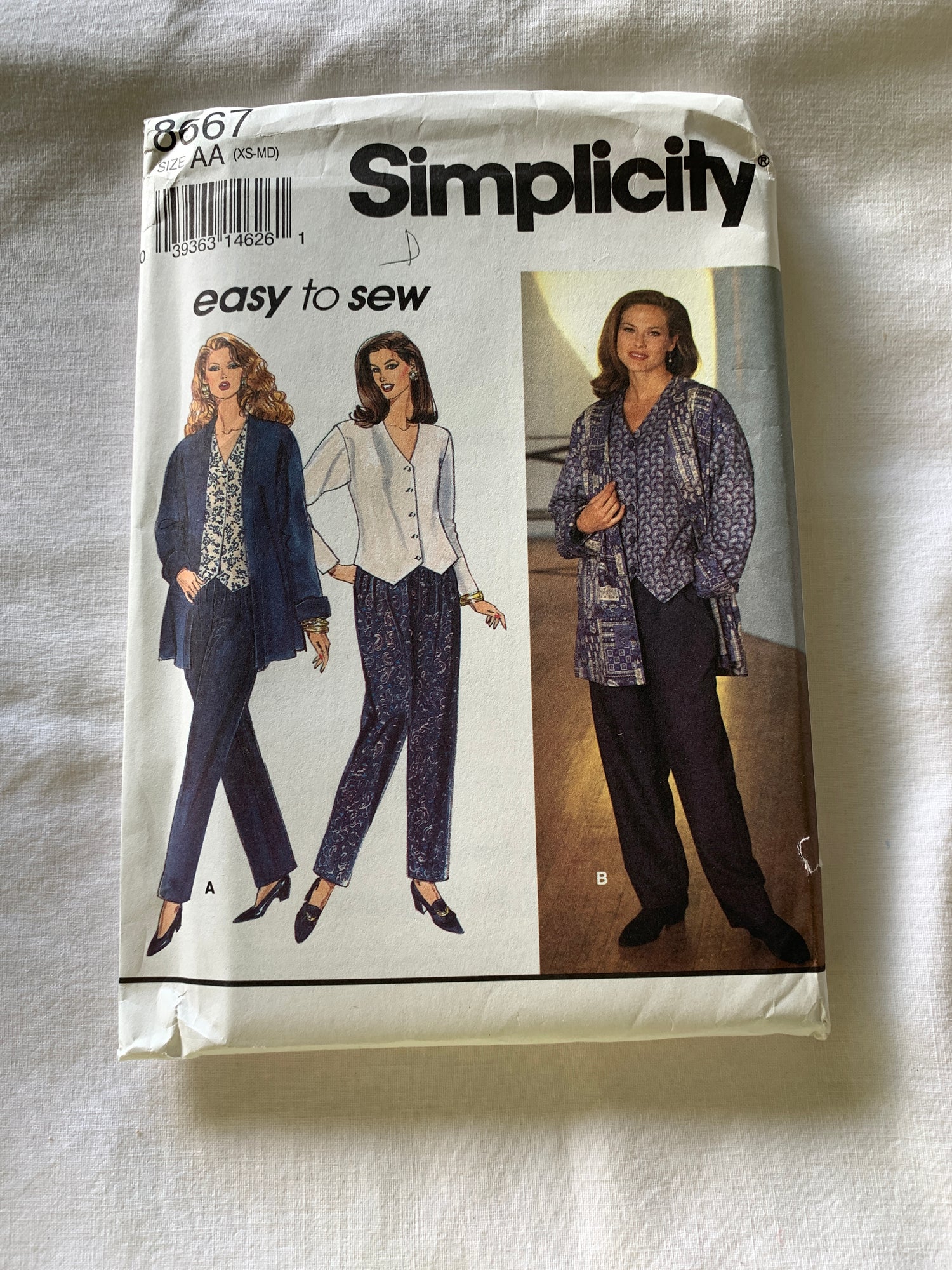 Simplicity Sewing Pattern 8667 Misses' Pants, Top, Unlined Jacket, Long Sleeves, Pull-On, Button Front, Size 6-16, Uncut, Vintage 1993