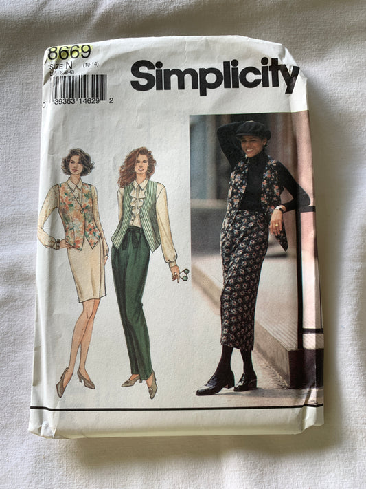 Simplicity Sewing Pattern 8669 Misses' Wrap Skirt, Pants, Two Lengths, Tie Belt, Lined Vest, Size 10-14, Uncut, Vintage 1993
