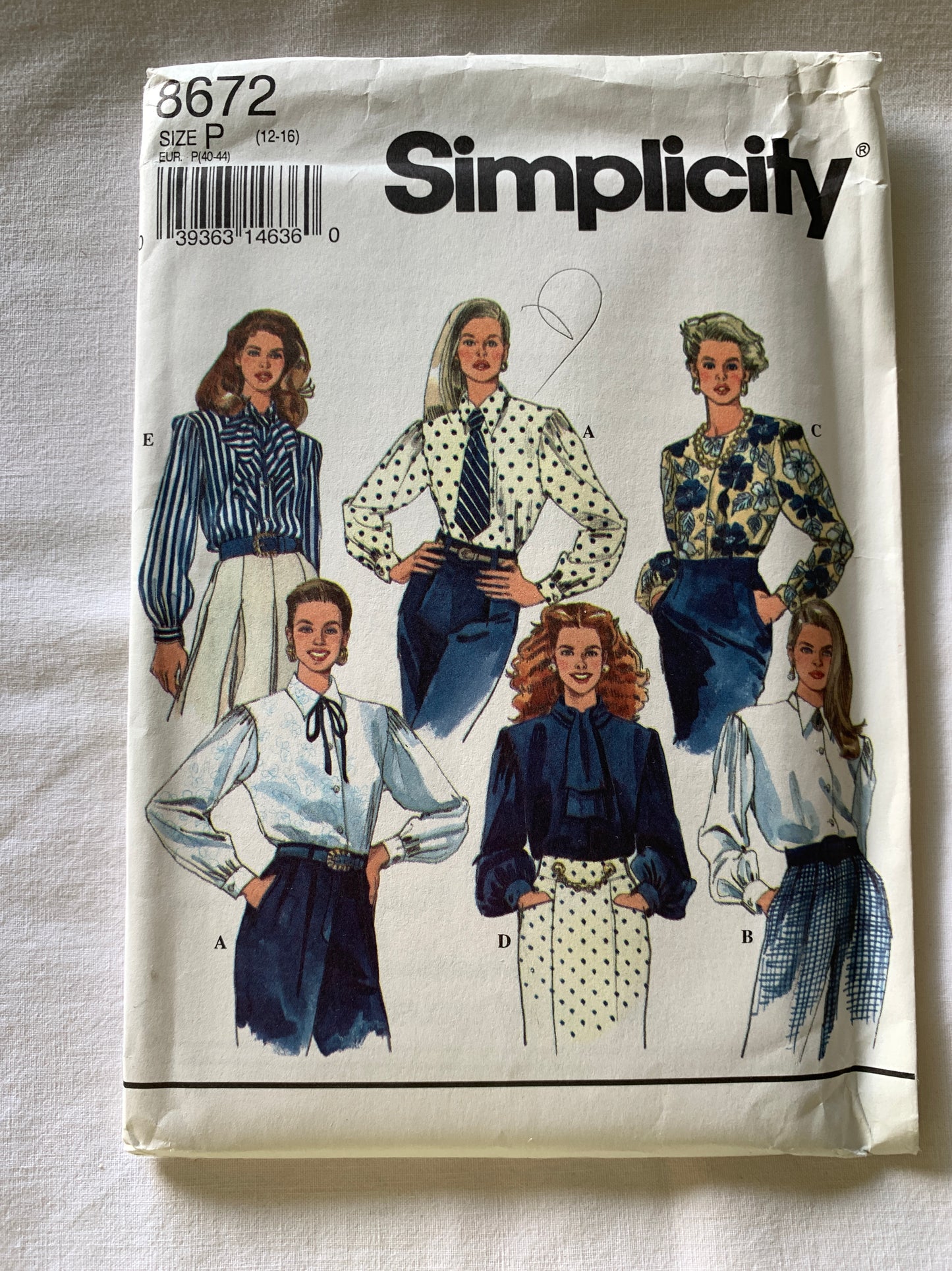 Simplicity Sewing Pattern 8672 Misses' Blouse, Button Front, Long Sleeves, 4 Variations, Size 12-16, Uncut, Vintage 1993
