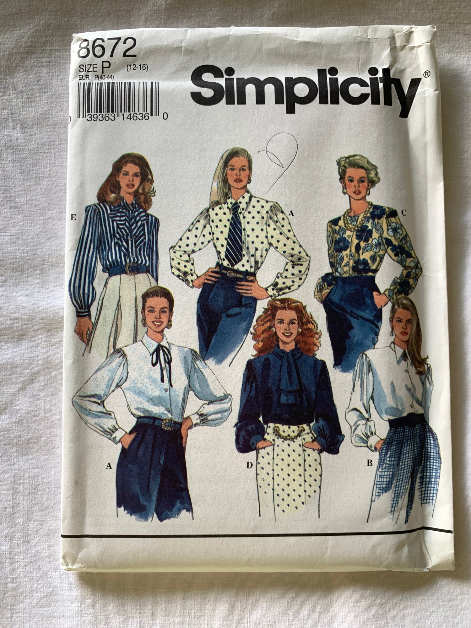 Simplicity Sewing Pattern 8672 Misses' Blouse, Button Front, Long Sleeves, 4 Variations, Size 12-16, Uncut, Vintage 1993
