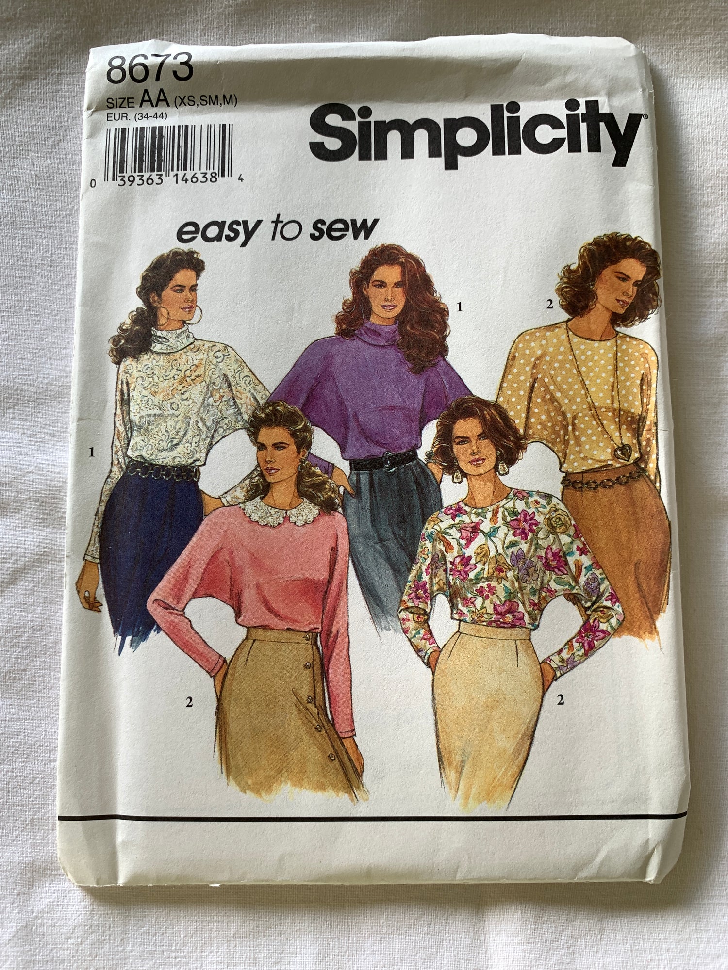 Simplicity Sewing Pattern 8673 Misses' Blouse, Pullover, Long Dolman Sleeves, Collar, Size 6-16, Uncut, Vintage 1993