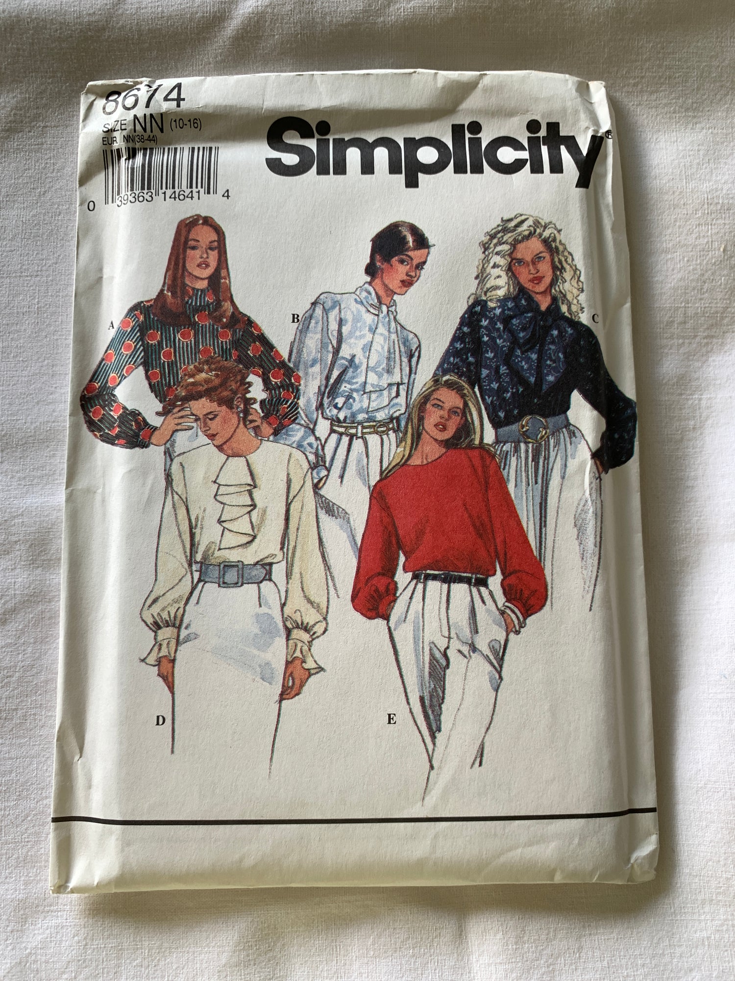 Simplicity Sewing Pattern 8674 Misses' Blouse, Pullover, Long Sleeves, Collar, Various Necklines, Size 10-16, Uncut, Vintage 1993
