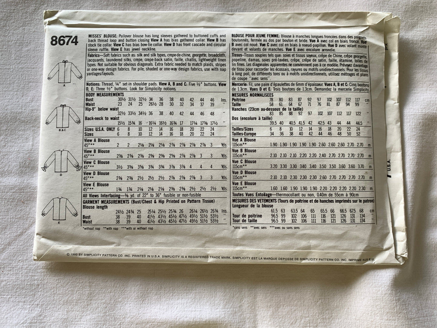 Simplicity Sewing Pattern 8674 Misses' Blouse, Pullover, Long Sleeves, Collar, Various Necklines, Size 10-16, Uncut, Vintage 1993