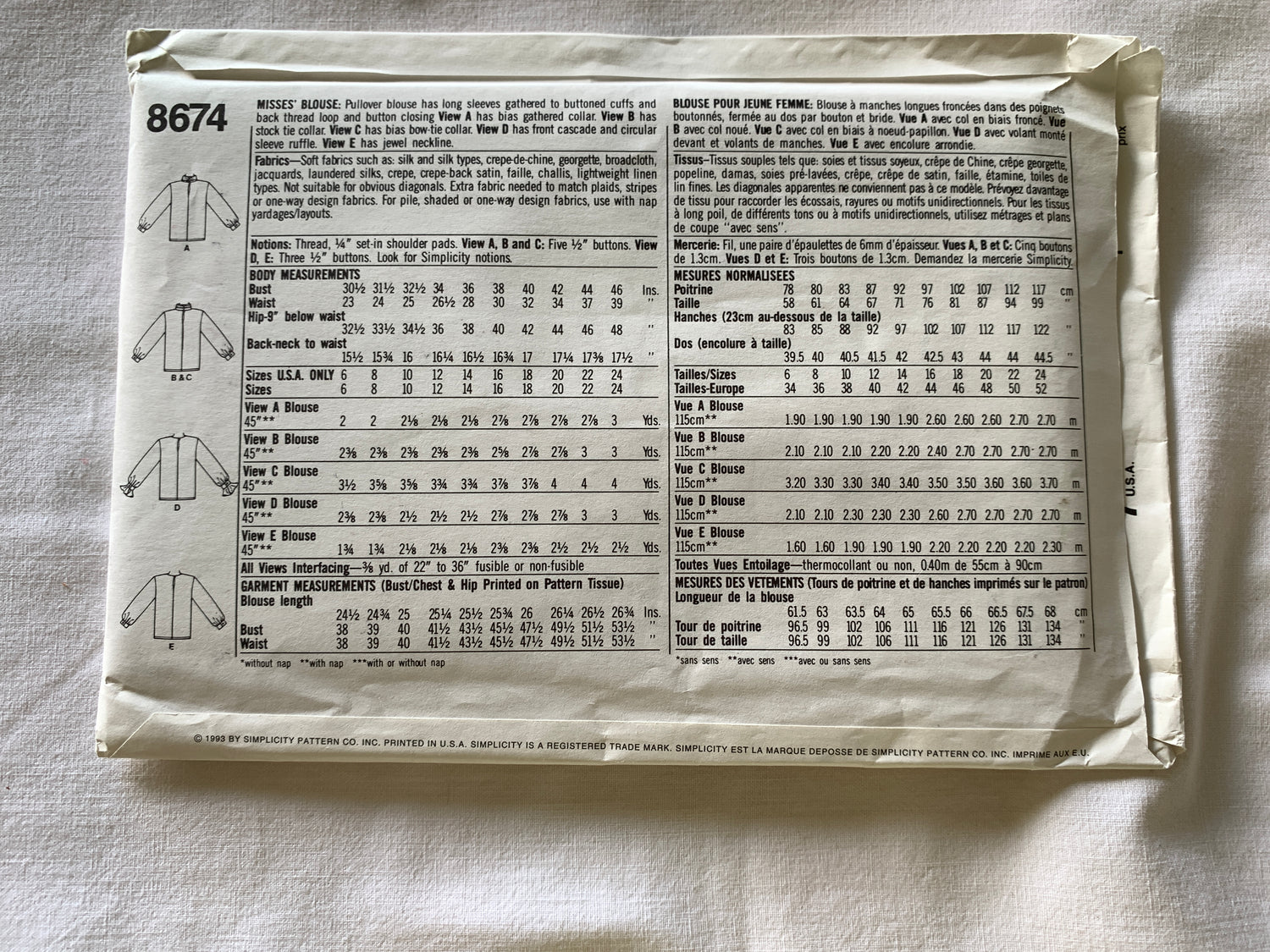 Simplicity Sewing Pattern 8674 Misses' Blouse, Pullover, Long Sleeves, Collar, Various Necklines, Size 10-16, Uncut, Vintage 1993