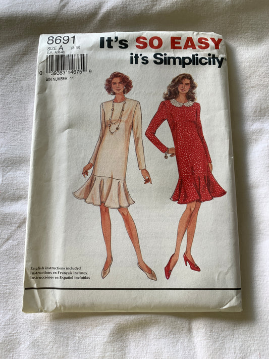 Simplicity Sewing Pattern 8691 Misses'/Miss Petite Dress, Long Sleeves, Zipper Back, Size 8-18, Uncut, Vintage 1993