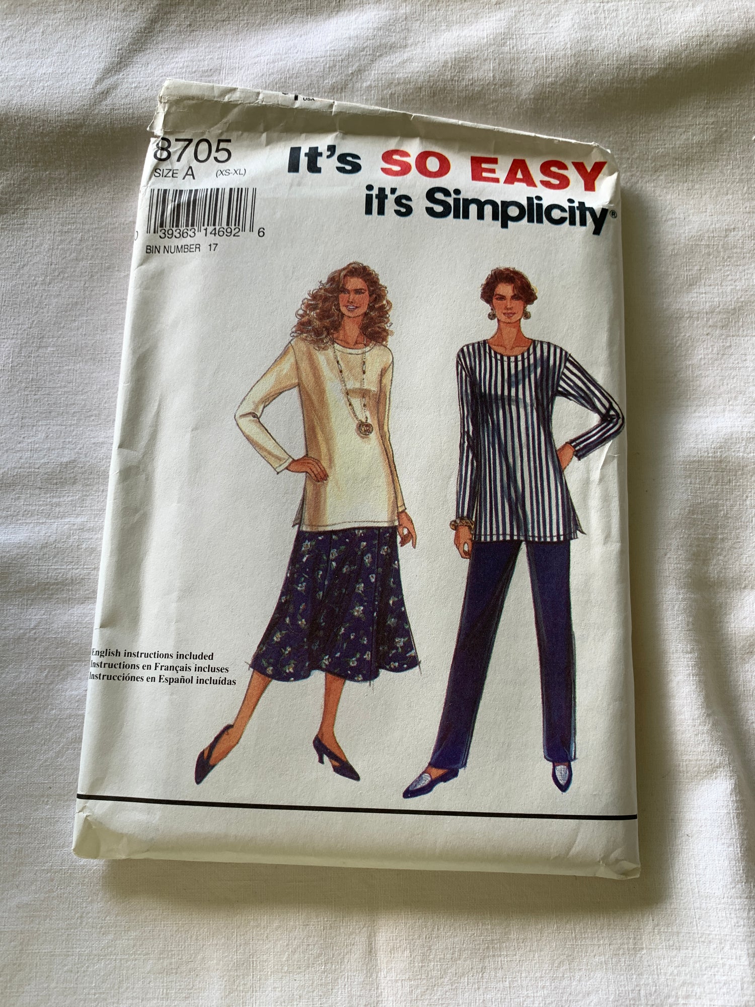 Simplicity Sewing Pattern 8705 Misses' Top, Pants, Skirt, Long Sleeves, Pullover, Elastic Waist, Full Skirt, Size 6-24, Uncut, Vintage 1993