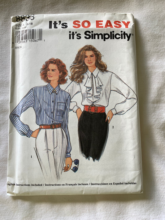 Simplicity Sewing Pattern 8836 Misses' Shirt, Detachable Jabots, Long Sleeves, Button Front, Size 12-16, Uncut, Vintage 1994