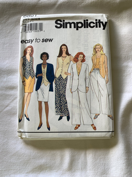 Simplicity Sewing Pattern 8861 Misses' Unlined Jacket, Lined Vest, Skirt, Pull-On Pants, Size 12-16, Uncut, Vintage 1994