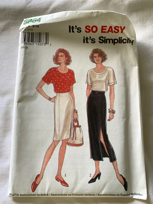 Simplicity Sewing Pattern 8864 Misses' Top, Skirt, Two Lengths, Short Sleeves, Pullover, Zipper Back, Size 6-16, Uncut, Vintage 1994