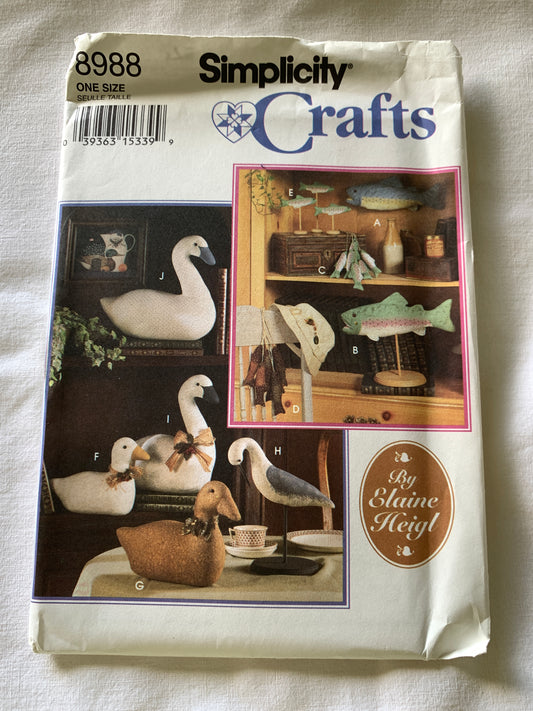 Simplicity Sewing Pattern 8988 Crafts, Stuffed Animals, Fish, Duck, Bird, Swan, Room Accessories, Uncut, Vintage 1994