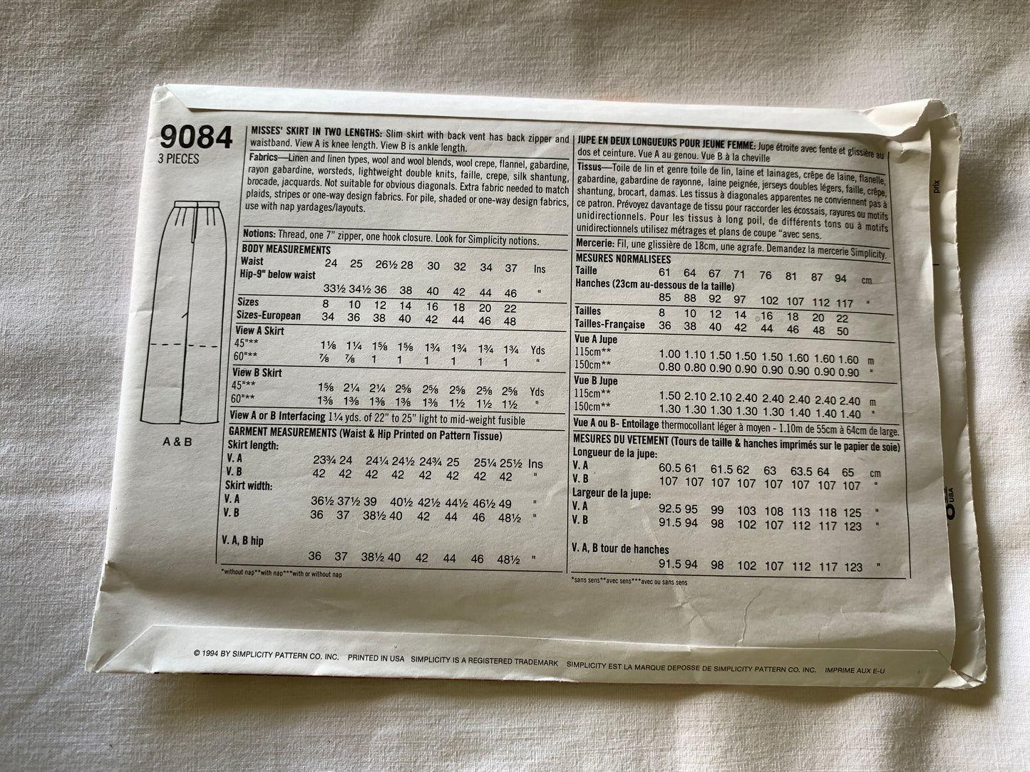 Simplicity Sewing Pattern 9084 Misses' Skirt, Two Lengths, Ladies, Zipper, Waistband, Pleats, Slim, Knee/Ankle Lengths, Size 12-18, Uncut, Vintage 1996