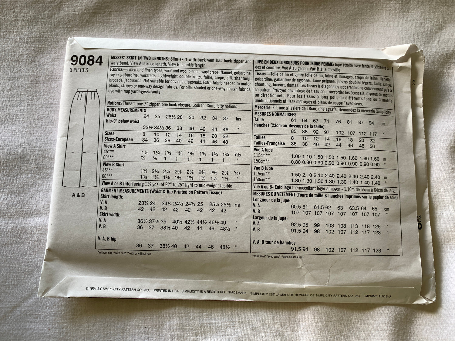 Simplicity Sewing Pattern 9084 Misses' Skirt, Two Lengths, Ladies, Zipper, Waistband, Pleats, Slim, Knee/Ankle Lengths, Size 12-18, Uncut, Vintage 1996