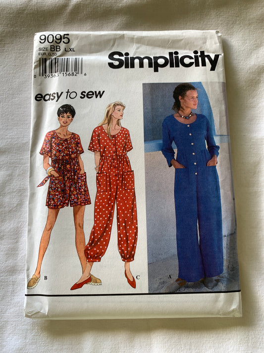Simplicity Sewing Pattern 9095 Misses' Jumpsuit, Two Lengths, Loose-Fitting, Pockets, Long/Short Sleeves, Button Front, Sizes 18-24, Uncut, Vintage 1994