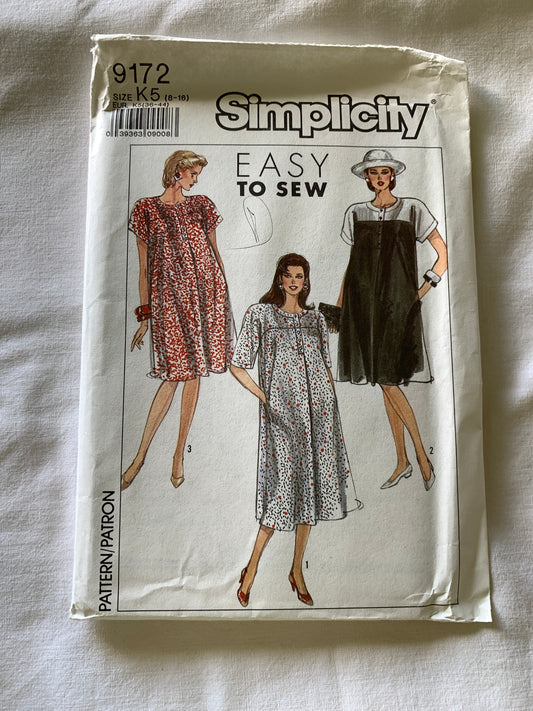 Simplicity Sewing Pattern 9172 Misses' Maternity Dress, Short Sleeves,Pullover, Two Lengths, Size 8-16, Uncut, Vintage 1989