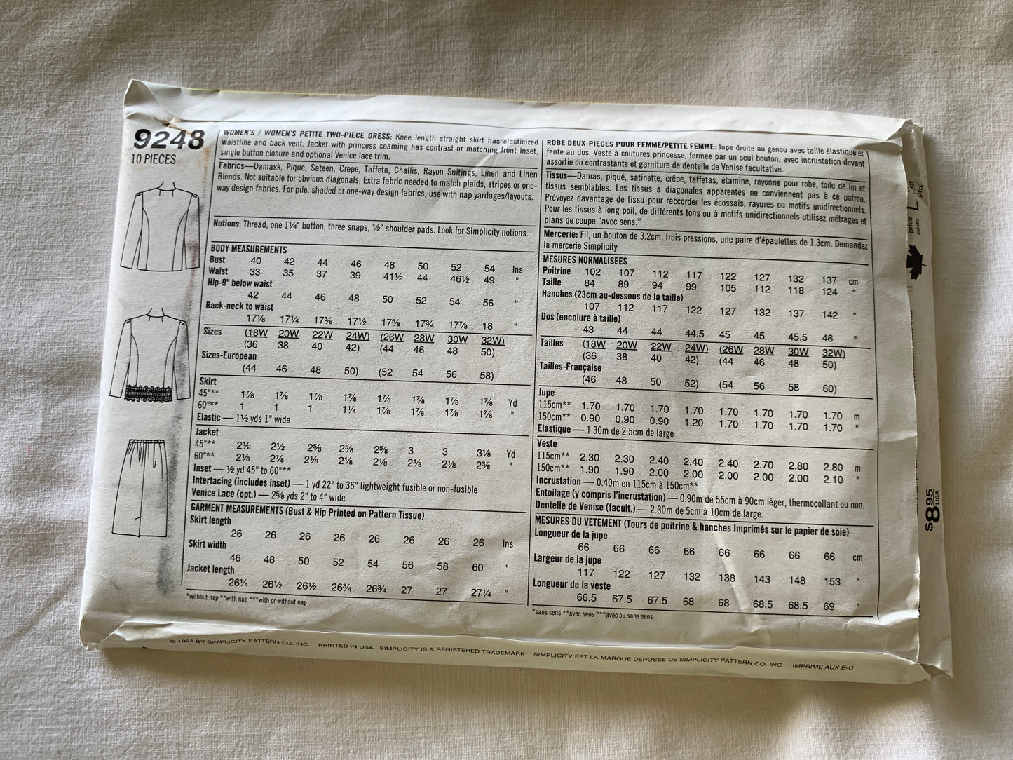 Simplicity Sewing Pattern 9248 Misses'/Petite Two Piece Dress, Princess Seams, Button Front, Size 26W-32W, Uncut, Vintage 1994