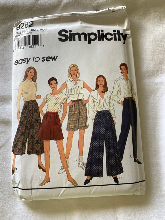 Simplicity Sewing Pattern 9282 Misses' Pants, Shorts, Culottes, Side Zipper, Pockets, Three Lengths, Size 10-16, Uncut, Vintage 1994