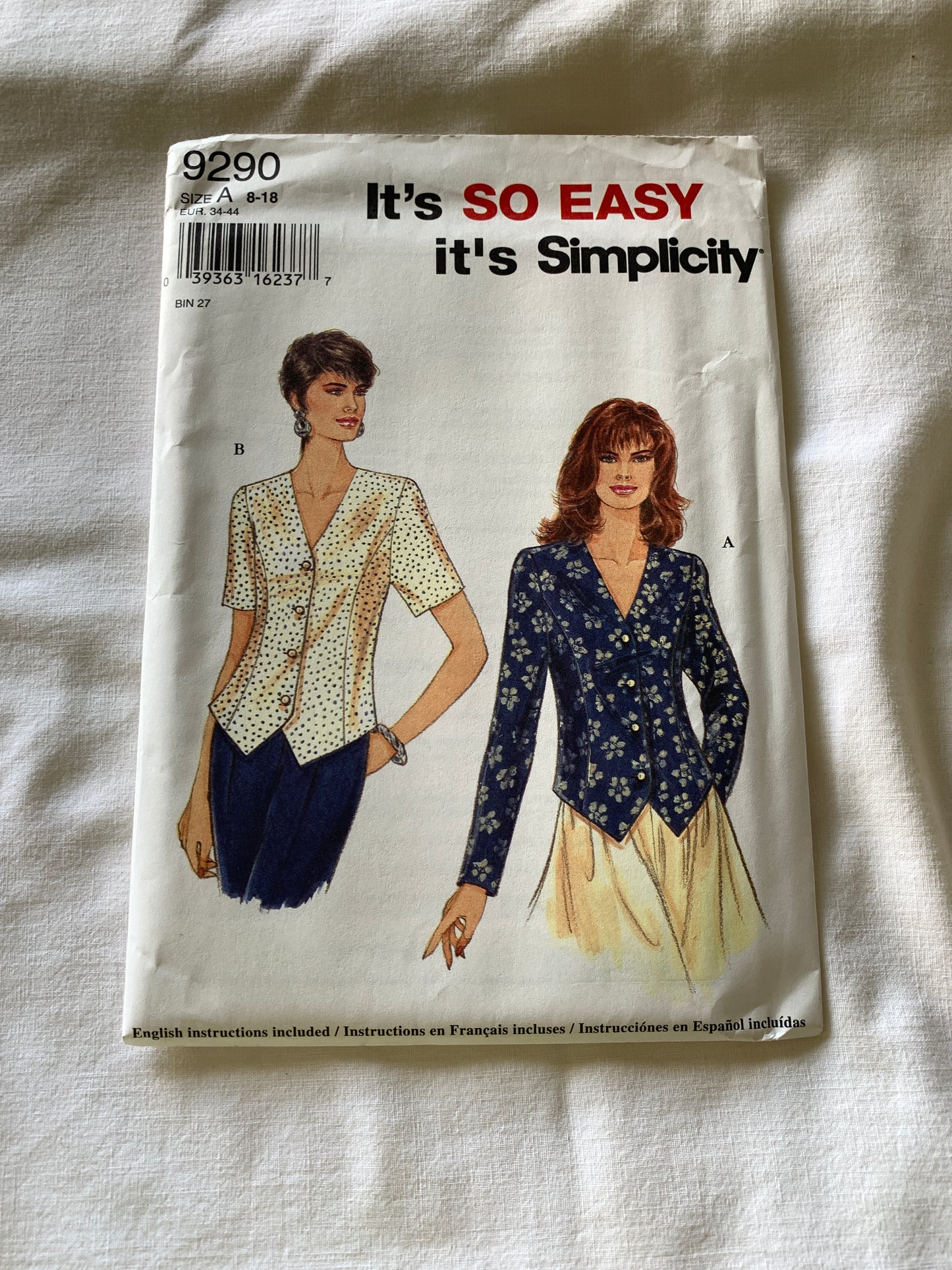 Simplicity Sewing Pattern 9290 Misses' Tops, Long/Short Sleeves, Button Front, Princess Seams, Size 8-18, Uncut, 2003