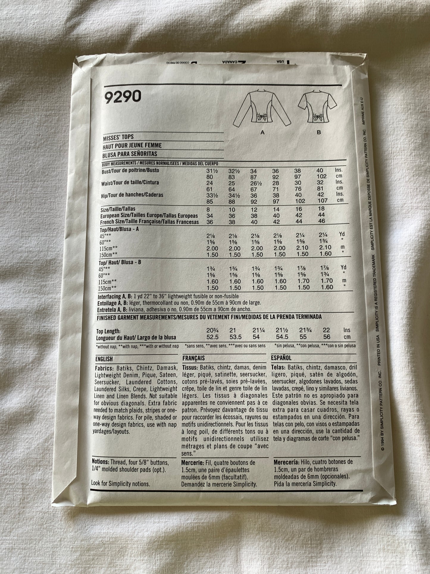 Simplicity Sewing Pattern 9290 Misses' Tops, Long/Short Sleeves, Button Front, Princess Seams, Size 8-18, Uncut, 2003