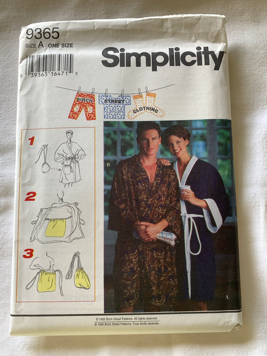 Simplicity Sewing Pattern 9319 Misses'/Men's/Teens' Robe, Kimono Sleeves, Pocket, Bag, One Size, Uncut, Vintage 1995