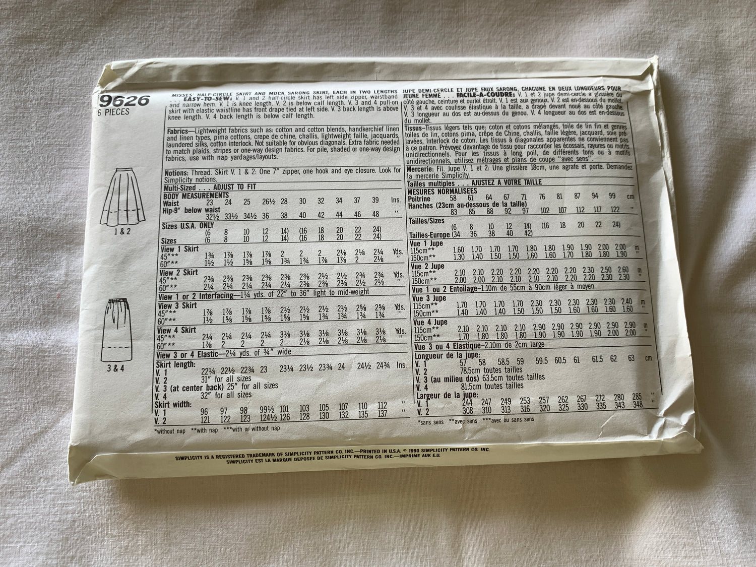 Simplicity Sewing Pattern 9626 Misses' Half-Circle Skirt, Mock Sarong, Two Lengths, Zipper Back, Size 6-14, Uncut, Vintage 1990