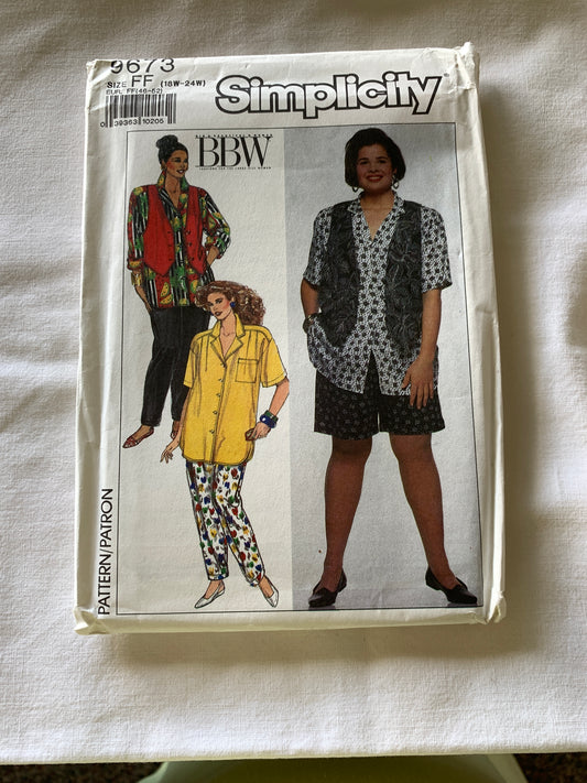 Simplicity Sewing Pattern 9673 Misses' Shirt, Pull-On Pants, Lined Vest, Shorts, Long/ Short Sleeves, Pockets, Princess Seams, Elastic Waist, Size 18W-24W, Uncut, Vintage 1990
