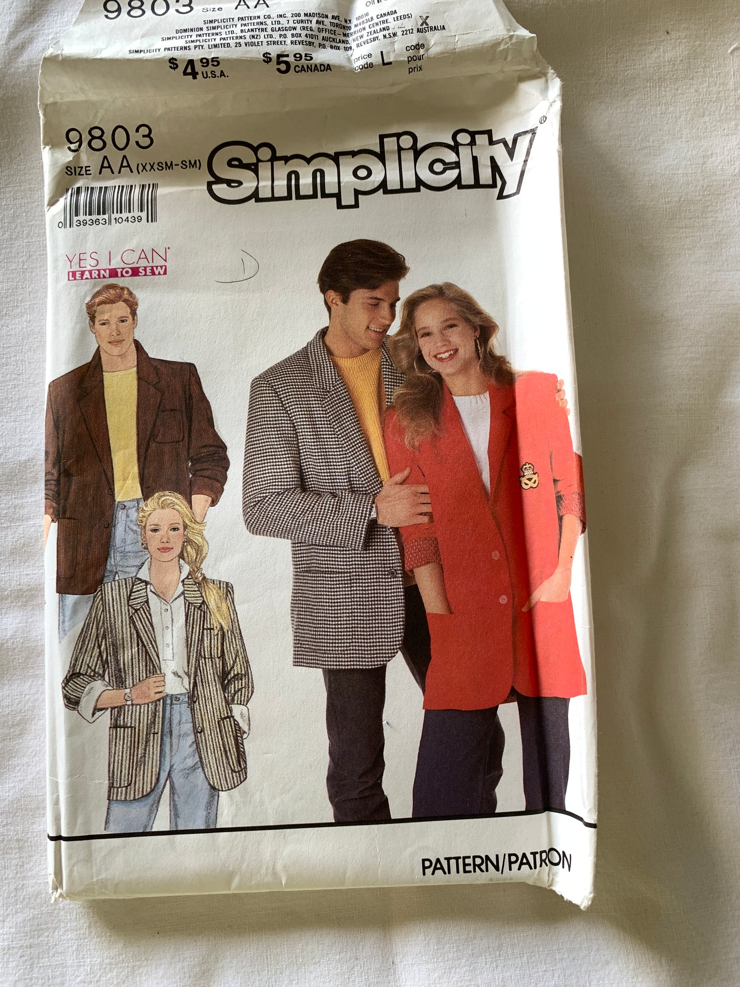 Simplicity Sewing Pattern 9803 Misses'/Men's/Teens, Lined Jacket, Loose-Fitting, Button Front, Pockets, Size 28-36, Uncut, Vintage 1990