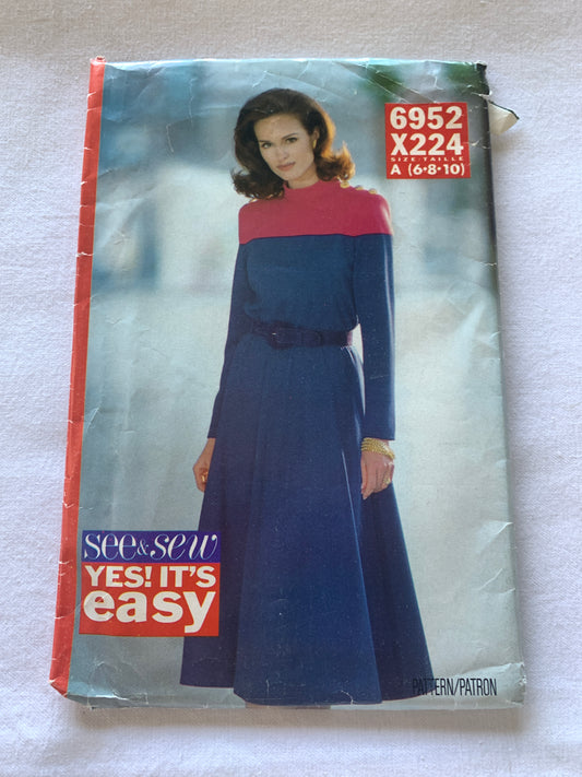 Butterick See & Sew Sewing Pattern 6952 Misses' Dress, Long Sleeves, Flared Skirt, Loose-Fitting, Shoulder Pads, Zipper Back, Size 6-10, Uncut, Vintage 1993