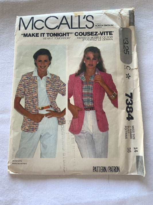 McCall's Sewing Pattern 7384 Misses' Blazer, Stretch Knits Only, Pockets, Long/Short Sleeves Size 14, Uncut, Vintage 1981