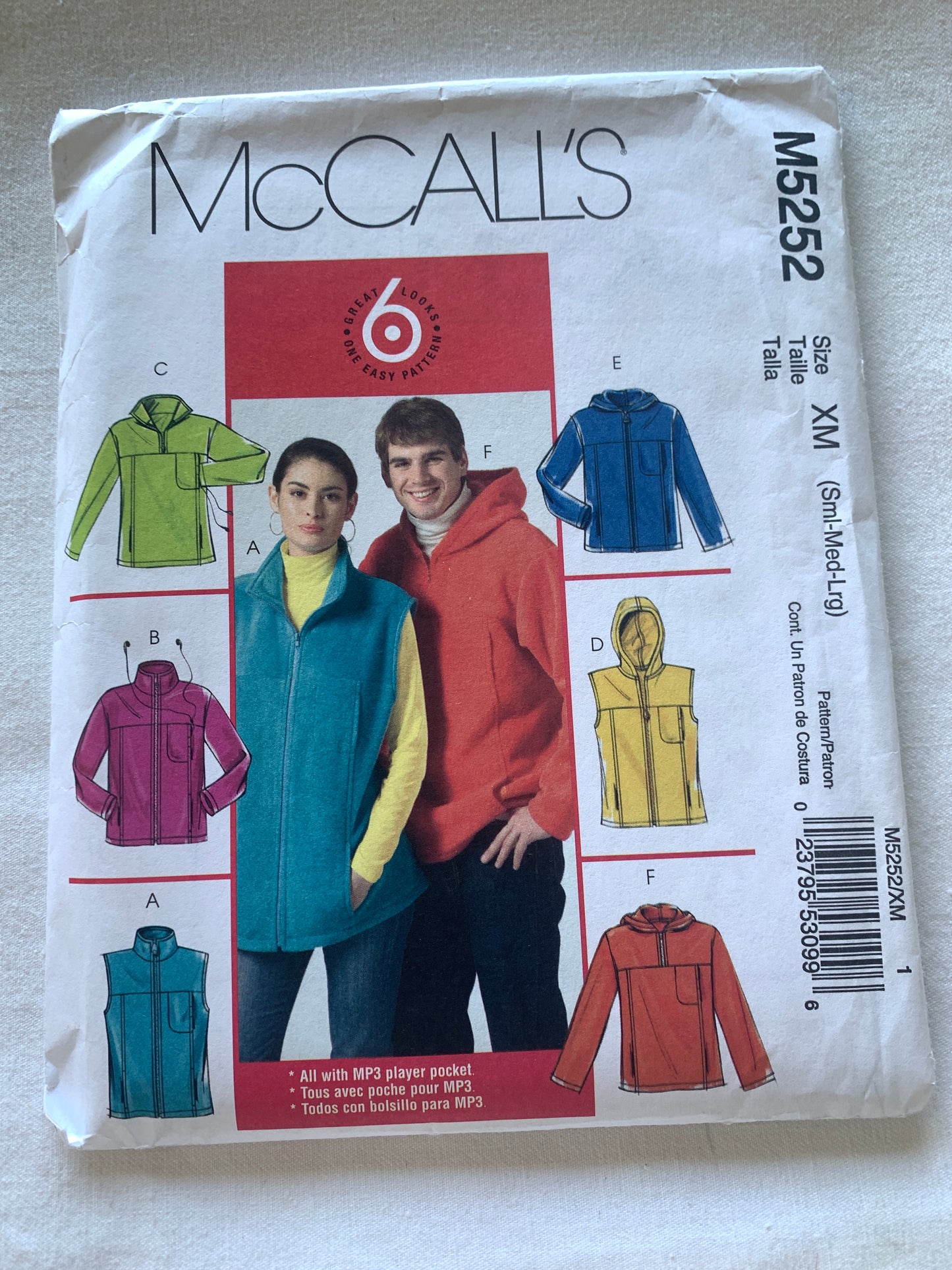 McCall's Sewing Pattern M5252 Misses'/Men's Unlined Vests/Jackets, Loose-Fitting, Hood, Pockets, Zipper Front, Size 34-44, Uncut, Vintage 2006
