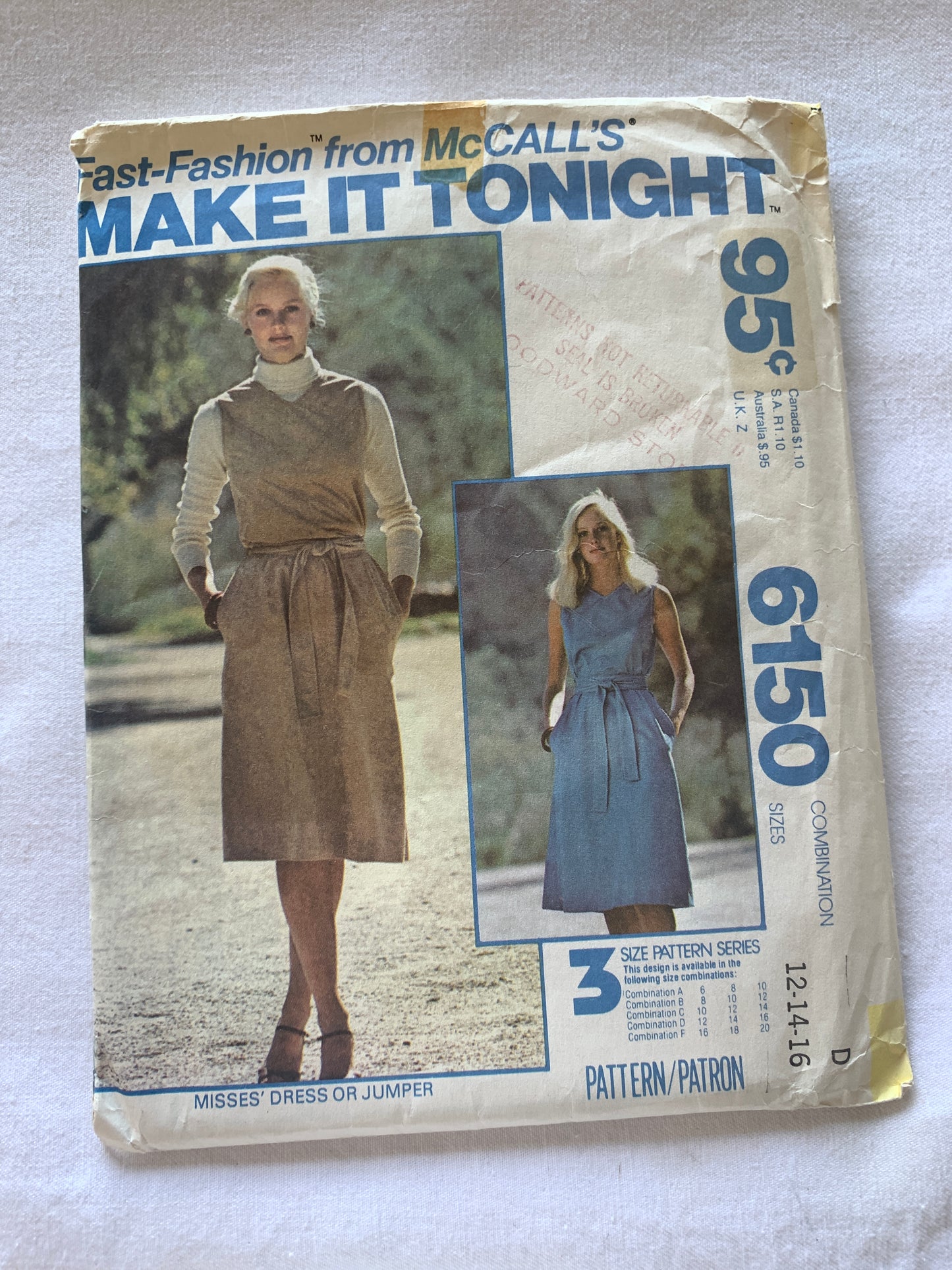 McCall's Sewing Pattern 6150 Misses' Dress, Jumper, Sleeveless, Zipper Back, Pockets, Size 12-16, Uncut, Vintage 1978